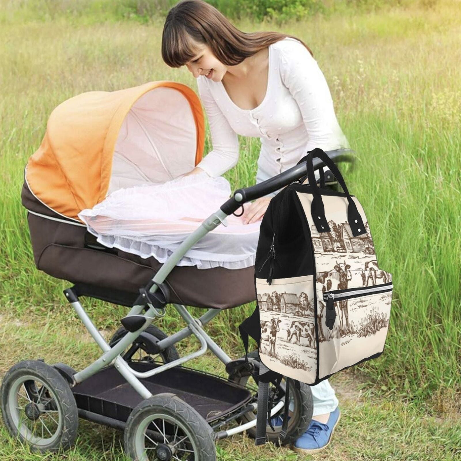 Ratiio Cows On The Farm Mummy Backpack - Waterproof Twill Canvas, Large Capacity Diaper Bag with Multiple Pockets and Adjustable Straps