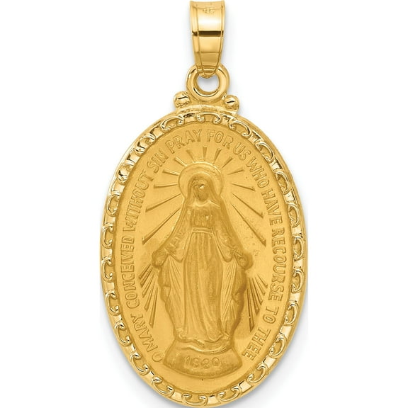 14K Yellow Gold Satin And Polished Miraculous Medal Oval Solid Pendant (Width 14.4) (Length 27) - Jbsp