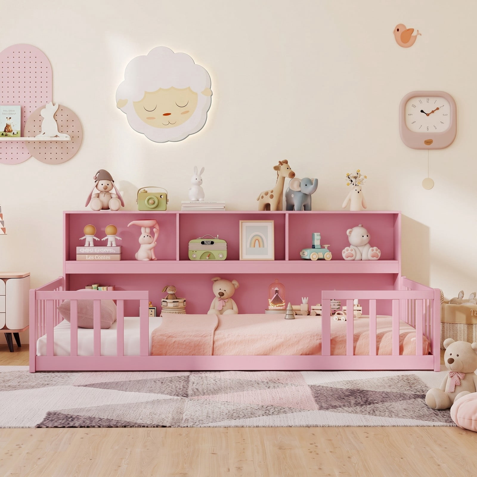 Furnibear Full Size Bed Frame Montessori Floor Bed with Bookcase Headboard and Full Length Fence Rails for Kids Room, Pink