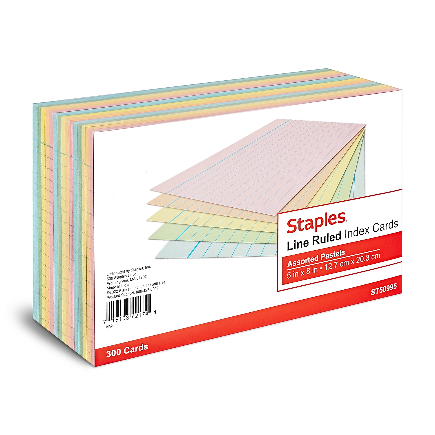 Staples 5" x 8" Line Ruled Pastel Index Cards, 300-Pack