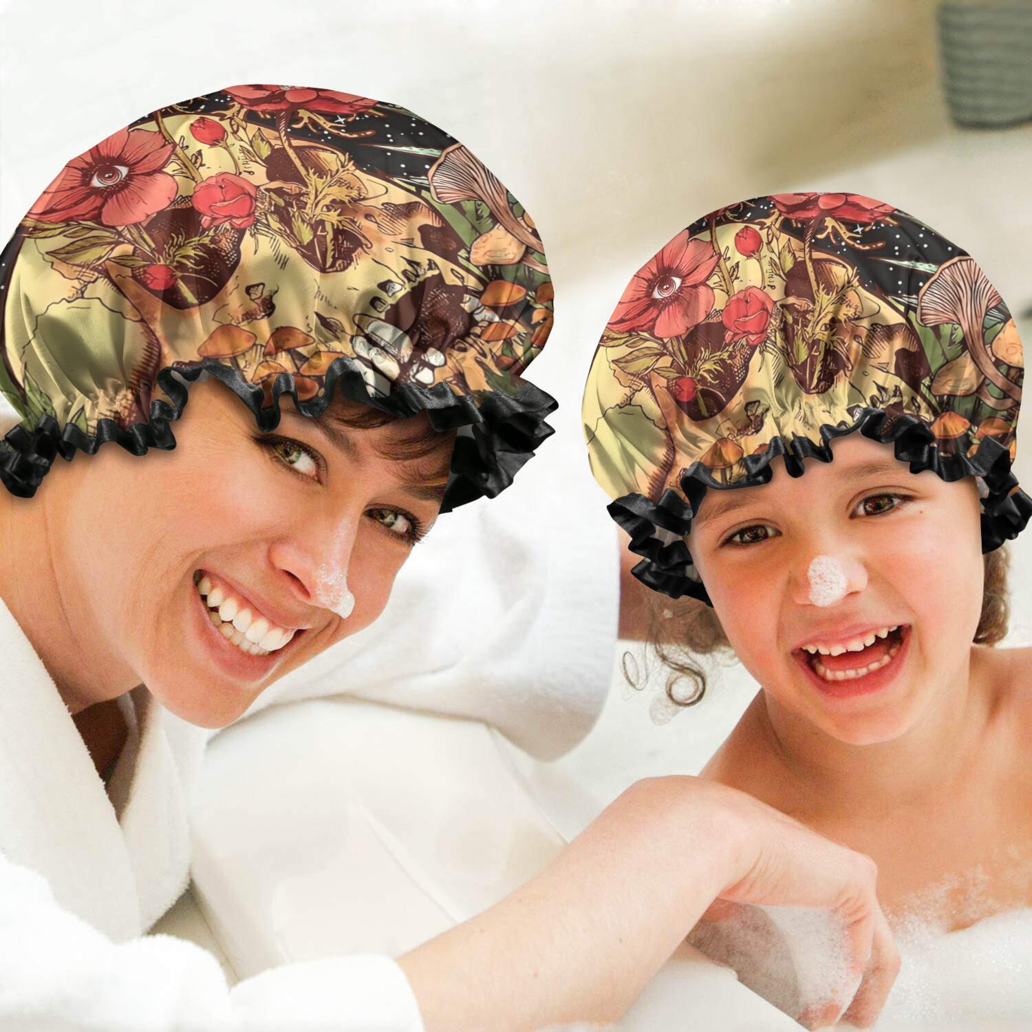 Shower Caps,Black Gothic Skull Flower Pattern Waterproof Shower Cap for Women 4 Pieces,Double Reusable Hair Cover for Shower PEVA Elastic Stretch Hem