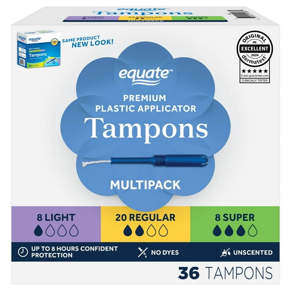 Equate Tampons with Premium Plastic Applicators, Unscented, Light/Regular/Super (36 Count)