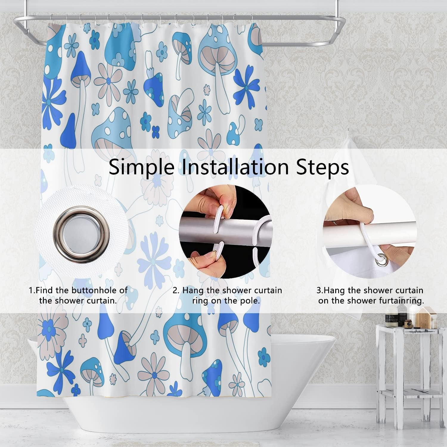 Blue Mushrooms Bathroom Shower Curtain Retro 70s 60s Funky Floral Hippie Boho Style Shower Curtain Washable Durable Fabric Home Decorative Shower Curtain with Hooks, 36x72 Inch