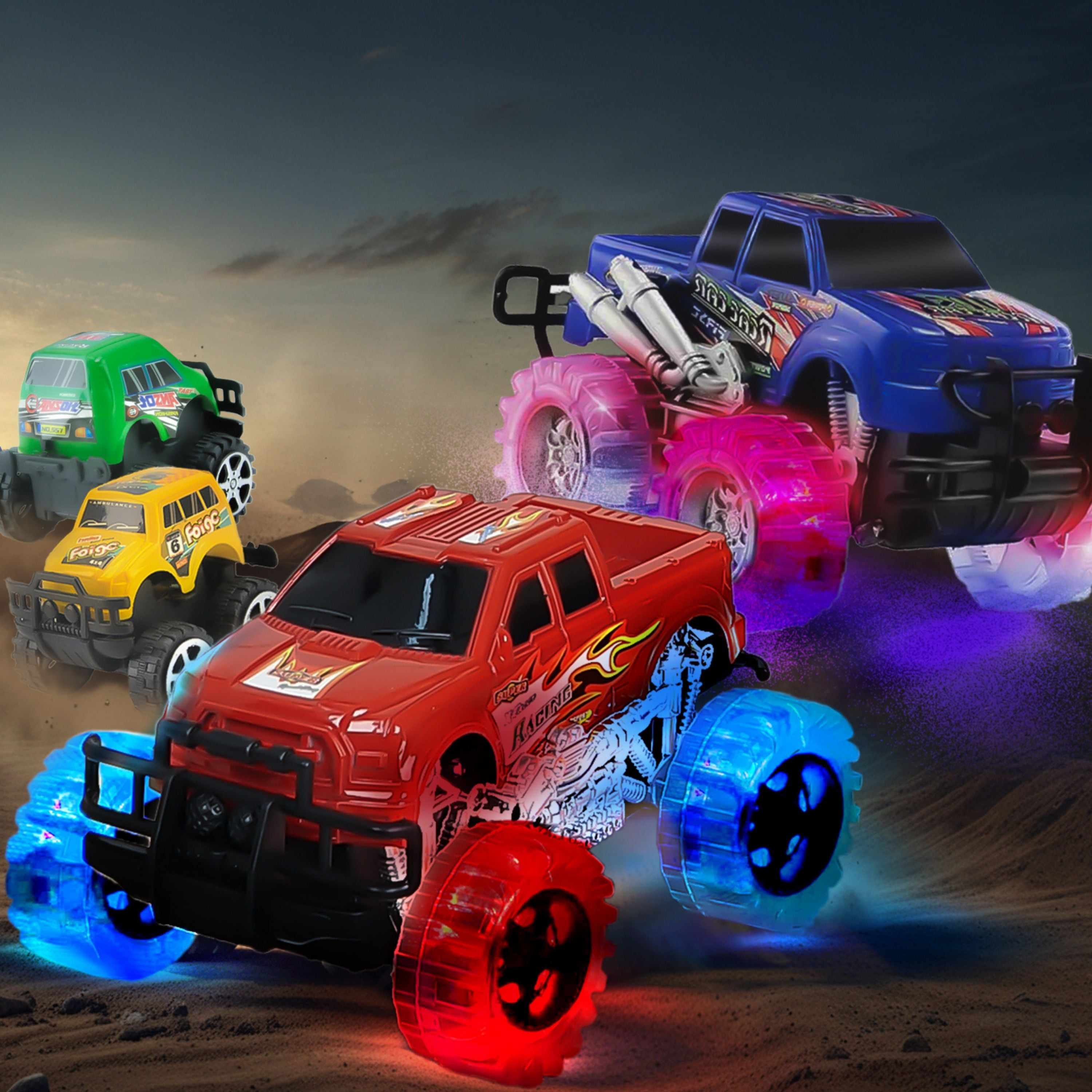 JoyX 4 Pack Light Up Monster Truck Car Toy with LED Tires