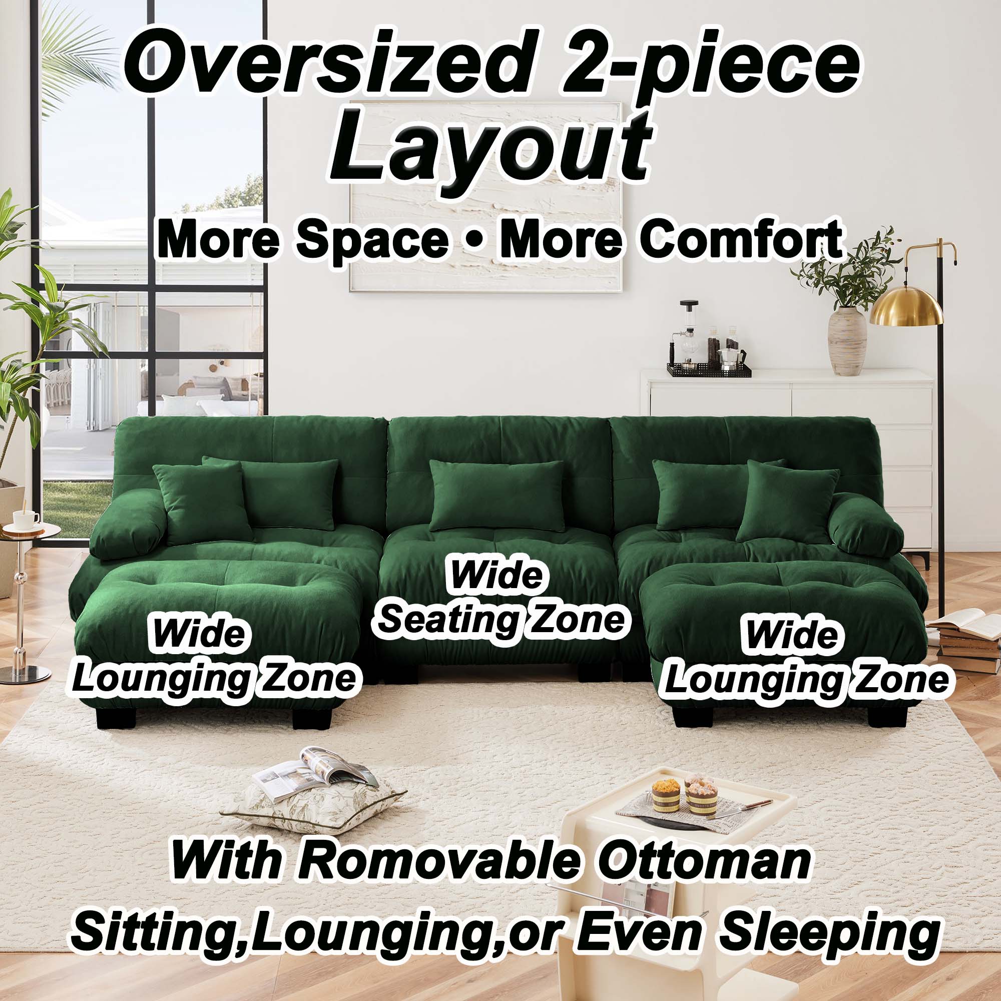 133.8"Cloud Chenille 3-Seat Sofa with 2 Moveable Ottomans, Oversized Deep Seat Modular Lounge Couch,Green