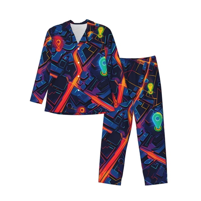 Balery Neon City Map Pijama para Hombre de Dos Piezas con Manga Larga, Conjunto de Dormir y Descanso Suave con Bolsillos-Large