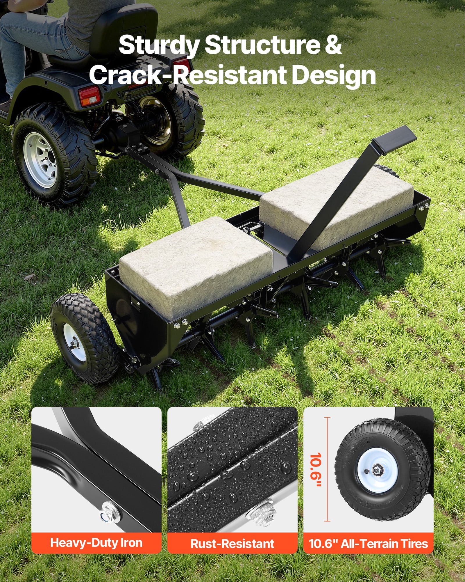 VEVOR Tow Behind Plug Aerator, 40 in Lawn Core Aerator Tool Universal Hitch, 120lbs Weight Capacity, Heavy Duty  & Rust-Resistant, Pull Behind Spike Aerators with Tray for Farmland & Garden Tractors