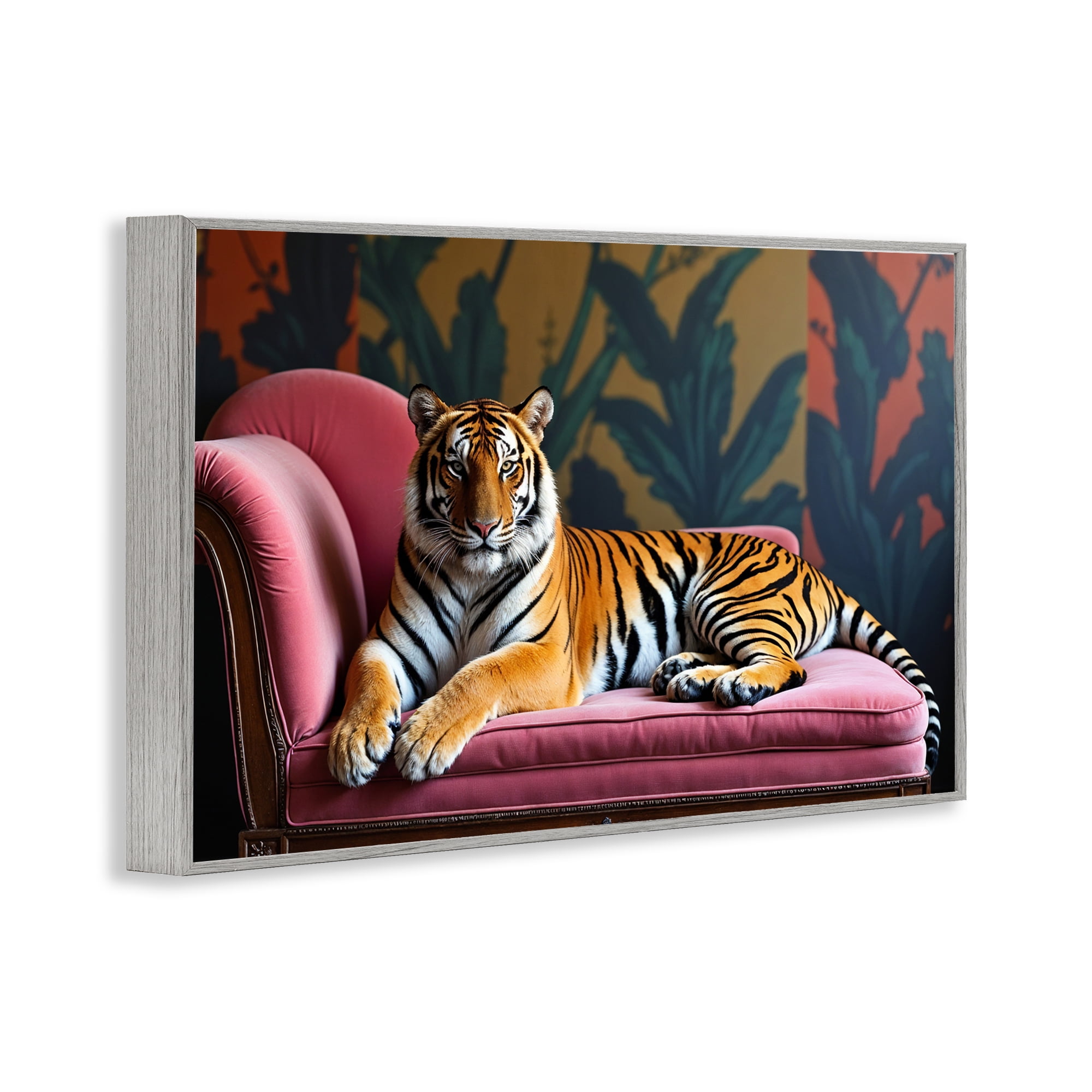 Exotic Tiger Lounging Gray Framed Giclee Art, design by Lettered and Lined