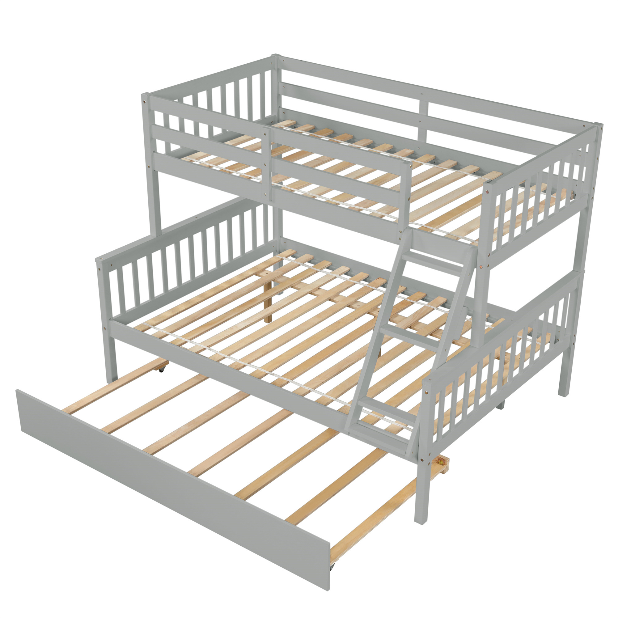 Kepooman Twin Over Full Bedroom Wooden Bunk Beds with Trundle & Safety Rail for Kids Teens, Grey Kepooman Twin Over Full Bedroom Wooden Bunk Beds with Trundle & Safety Rail for Kids Teens, Grey