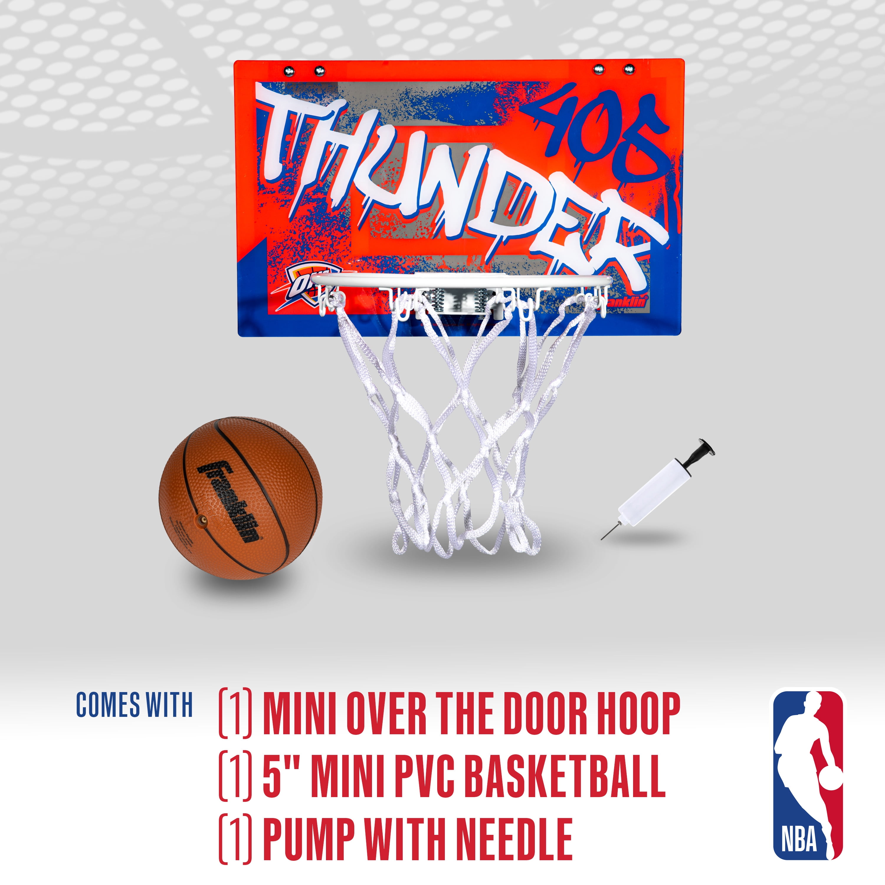 Franklin Sports NBA Oklahoma City Thunder Over the Door Basketball Hoop - Kids Indoor Basketball Hoop with Mini Basketball - NBA Fan Shop Mini Hoop for Bedroom + Office - Over the Door Mini Hoop Set