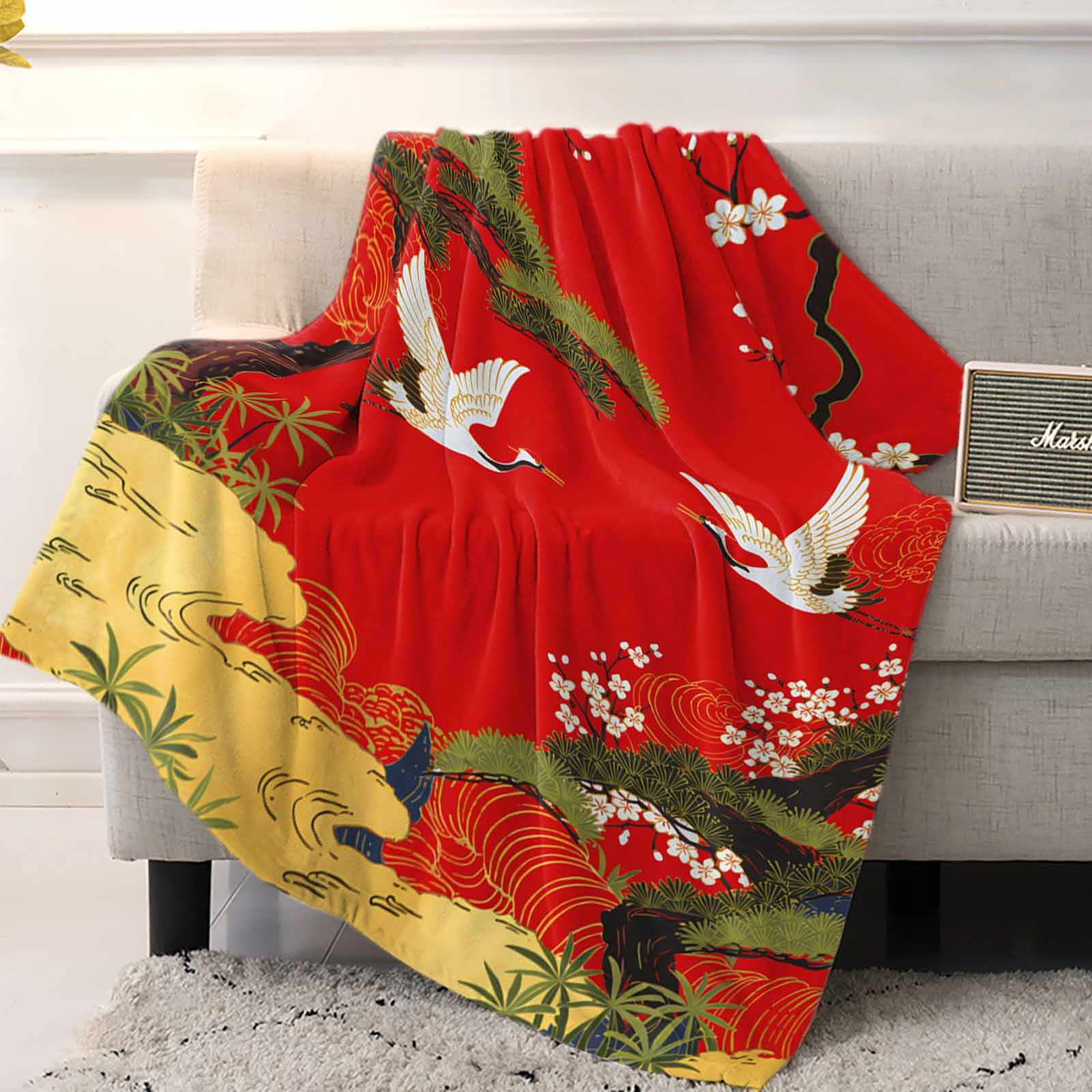 Throw Blanket Fleece Throw Blanket 50x60in, Retro Crane Pine Flower on Red Soft Lightweight Bed Blankets Asian Chinese Pastoral Scenic Fuzzy Couch Blankets for All Season