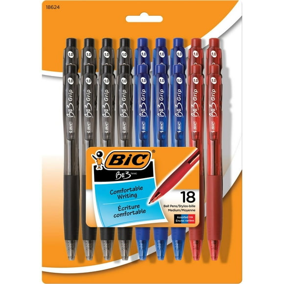 Stylo-bille rétractable BIC BU3, pointe moyenne (1,0 mm), couleurs assorties, bouton-poussoir latéral pratique pour la rétraction, paquet de 18