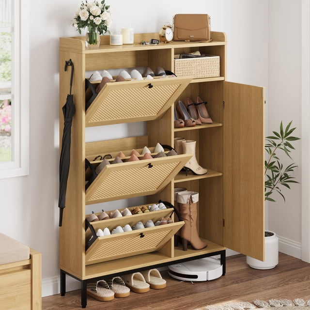 Yiwa Rattan Shoe Cabinet for Entryway, Hidden Wood Shoe Rack Storage with 3 Flip Drawers, Narrow Freestanding Shoe Organizer Cabinet for Hallway, Easy Assembly
