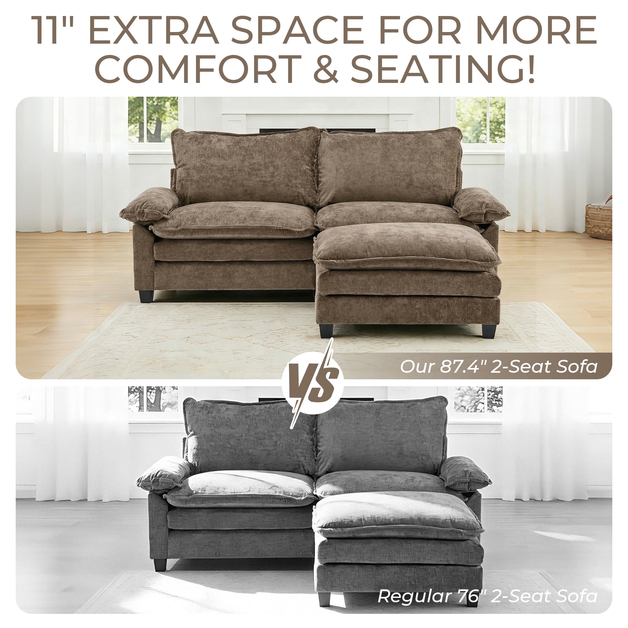 Ktaxon Sectional Sofa L Shaped Couch with Chaise Living Room Sleeper Set, 2 Seats with Chenille and Double Layer Cushions 87" W Light Brown