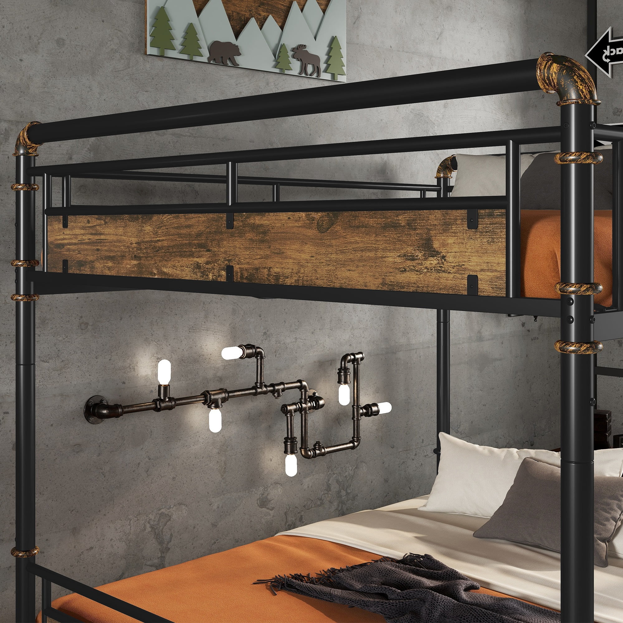 HOQBN Metal Bunk Bed Queen over Queen,Industrial Style Bunk Bed Frame with Safety Guardrails,Black