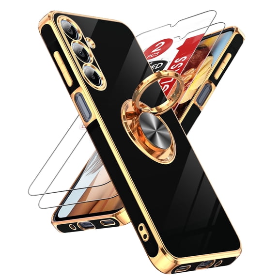 LeYi For Samsung Galaxy A16 5G Phone Case:2pcs Tempered Glass Screen Protector and 360° Rotatable Ring Mount Magnetic Stand,Rose Gold Plated Edge Protector Samsung A16 5G Phone Case, Black