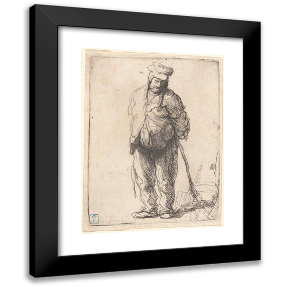 Rembrandt van Rijn 12x14 Black Modern Framed Museum Art Print Titled - Ragged Peasant with His Hands Behind Him, Holding a Stick (1630)