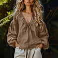 thumbnail image 2 of Tqcoqu Women's Linen Blend V-Neck Gathered Puff Long Sleeve Casual Blouse,Brown Women's S-XXL, 2 of 6
