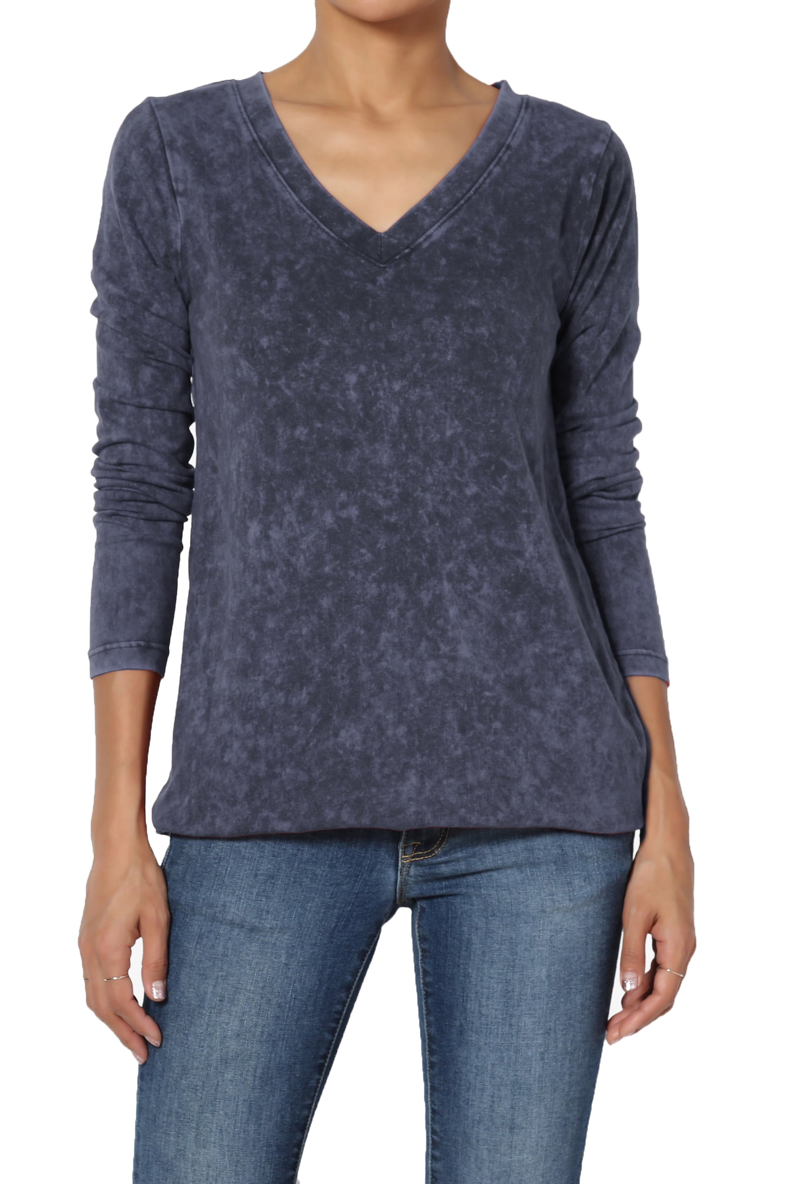 TheMogan Women's PLUS Mineral Wash Cotton Jersey VNeck Long Sleeve Top