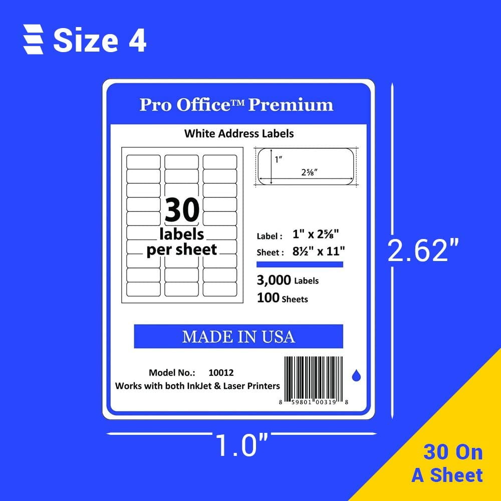 Wing Office Premium Self-Adhesive 3000 Address Labels for Laser Printers and Ink Jet Printers, White, Made in USA, 1 x 2.62 Inches
