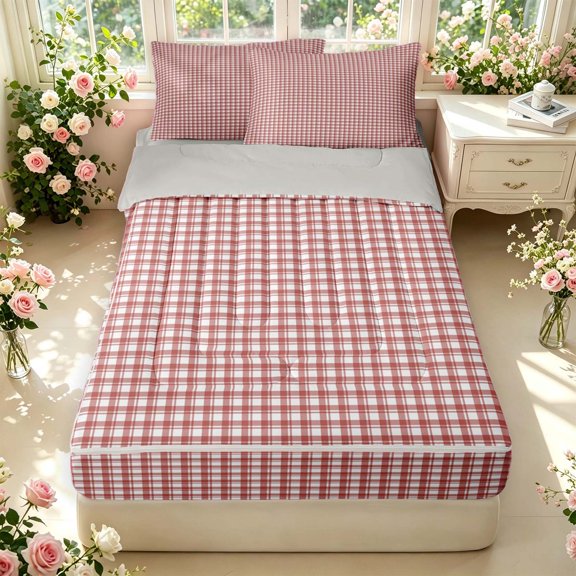 Manfei Vintage Grid Zipper Twin Comforter Sets with Fitted Sheet and 2 Pillowcases,Modern Check Zipper Bedding Set,Red Brown,Light Gray Reversible,4pcs