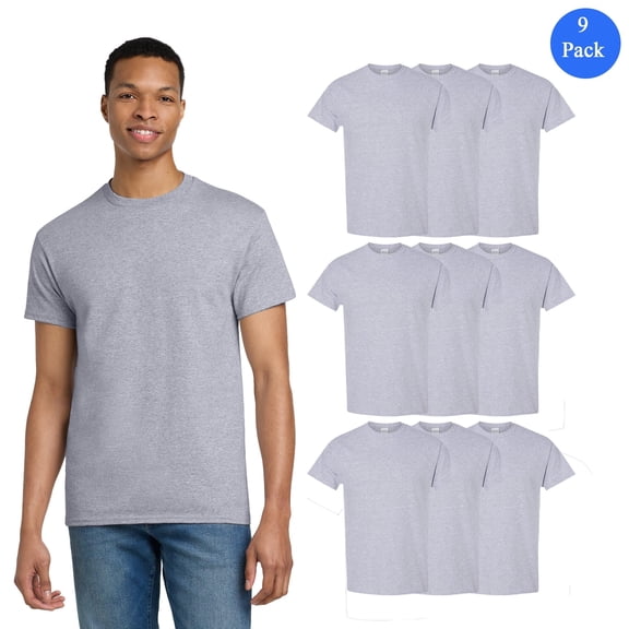 Gildan Men's Short Sleeve Taped Neck T-Shirt, Lightweight Sport Grey Classic Tee for Men, 9 Pack, L