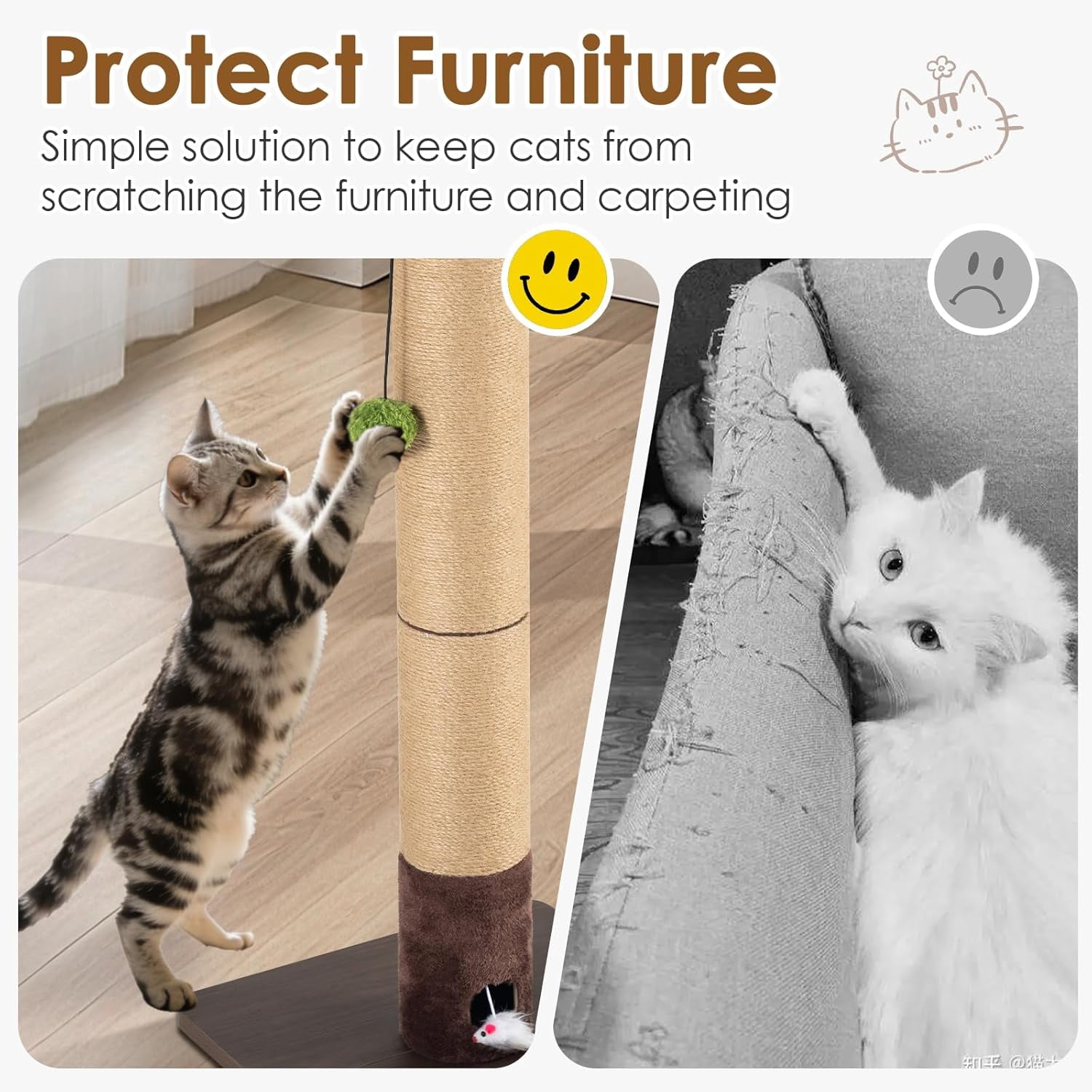 Scratching Post for Indoor Cats Adults – 33." Tall  Sisal Scratcher with Interactive Mouse Hole, Sturdy Furniture Board Base