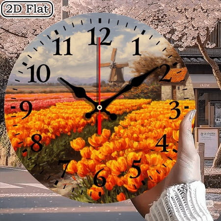 Circular Wall Clock Featuring Dutch Tulip Field Oil Painting Art 10x10 Inch 1pc Battery Not Included
