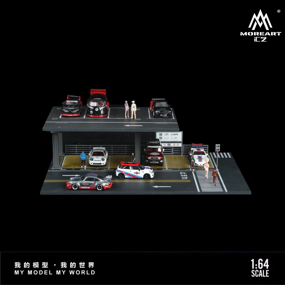 NUEIOVRW Diorama 1:64 Parking Lot Model, LED Lighting Diecast Car Garage Display Model, Car Showroom Scene Building Model Toy Gift, Car Models Display Case