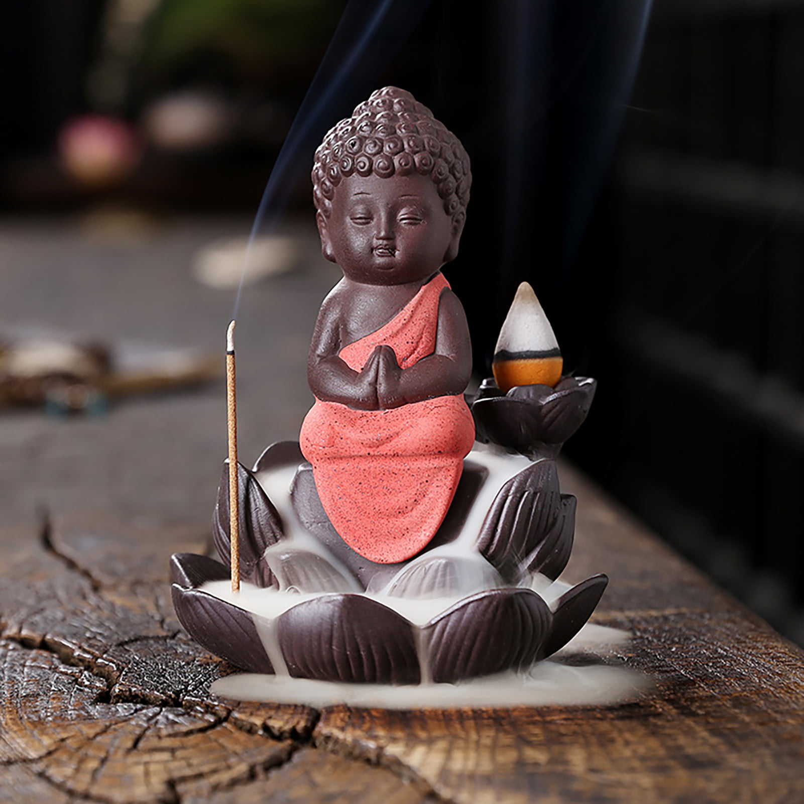 Buddha Monk Ceramic Smoke Backflow Cone Stick Incense Burner Censer Home Decor ! 