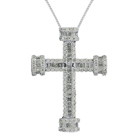 AFFY Round & Baguette Shape White Natural Diamond Cross Pendant Necklace In 14K White Gold