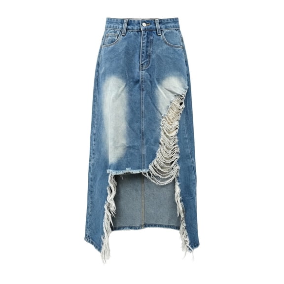 Wxolcjlv Women's Distressed Ripped Asymmetrical Denim Skirts Button Waist Raw‑Edge Street Going‑Out Skirts