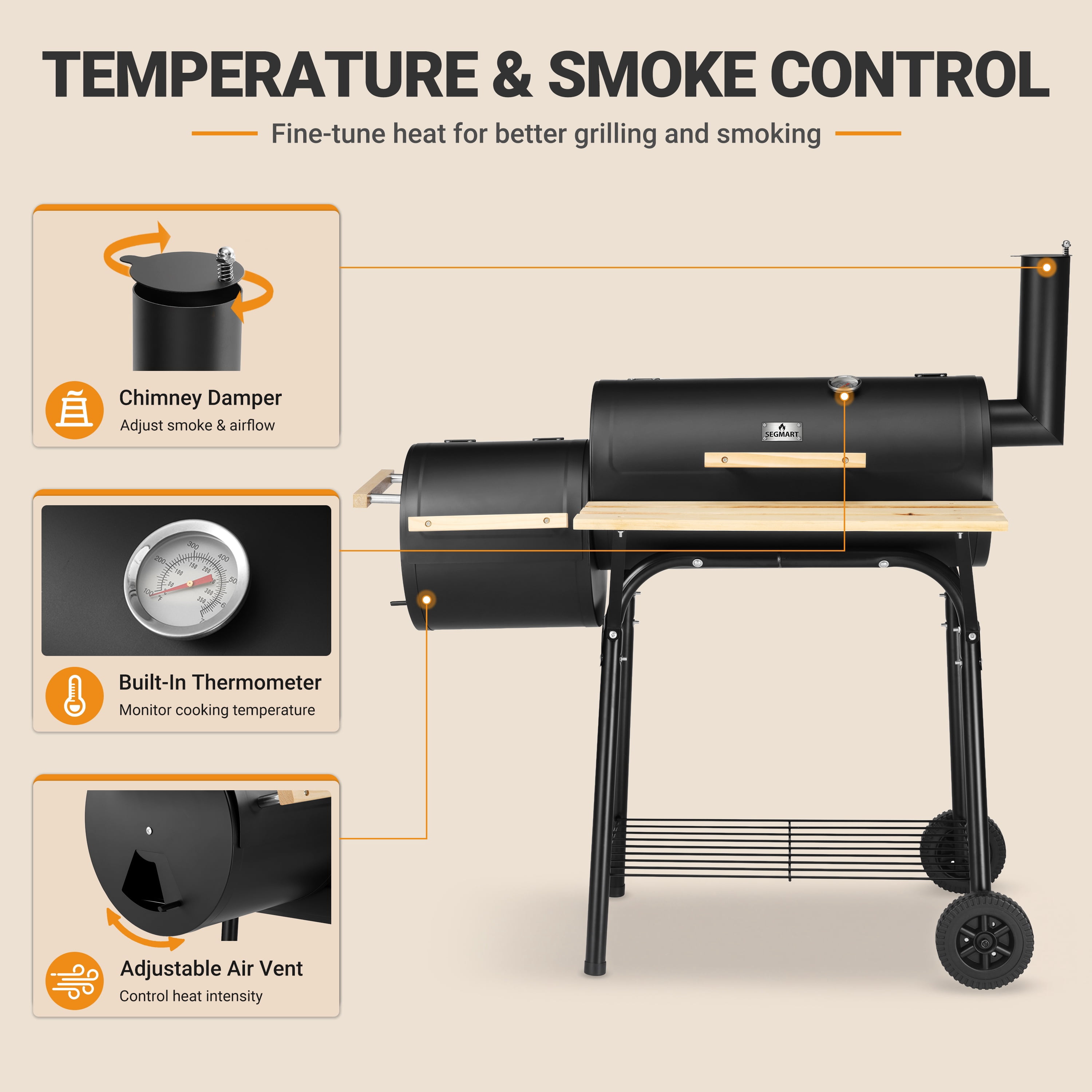 Segmart Charcoal Grill with Offset Smoker, Portable Outdoor Barrel Grill with Front Shelf, Built-In Thermometer & Wheels, 338 Sq. In. Cooking Area, Ideal for Backyard Patio BBQ