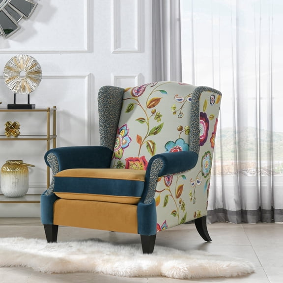 Jennifer Taylor Home Anya Eclectic Floral Patchwork Boho Chic Wingback Large Living Room Lounge Accent Arm Chair