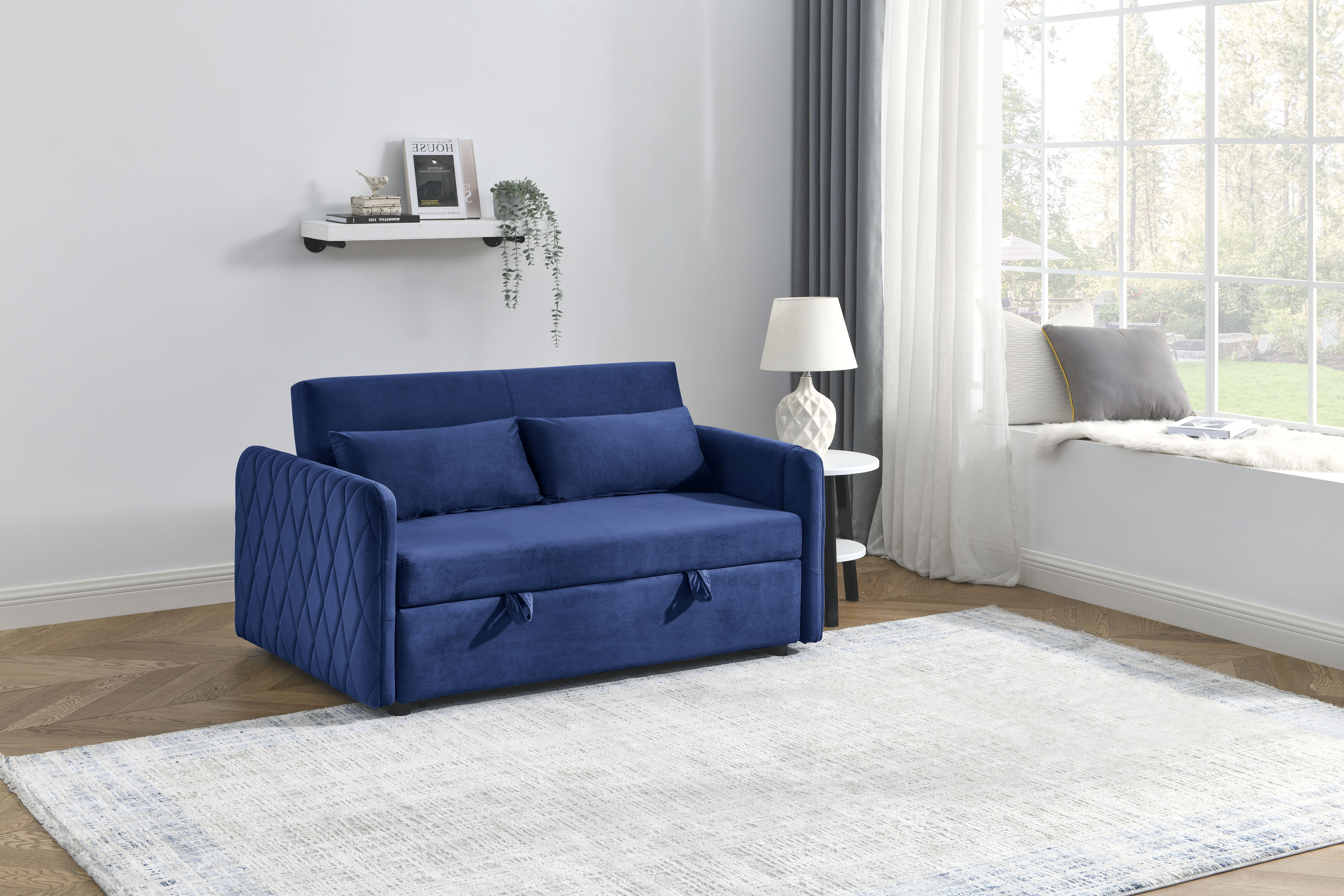 DEALTOPS 55" Modern Velvet Pull Out Sofa Bed Loveseat Lounge Chaise,Sleeper Sofa Bed with Adjustable Backrest 2 Detachable Arm Pockets - Blue