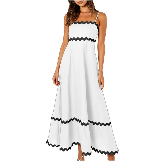 Robes à Bretelles Spaghetti pour Femmes Robe Midi Décontractée d'Été Robe de Plage Sans Manches Dos Nu Robes Boho Robes Fluides Robes de Soleil