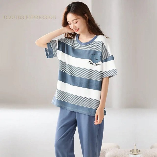 Conjuntos de dos piezas de manga corta para Mujer, ropa de dormir de punto a rayas, Pijama elegante para el hogar, moda de verano