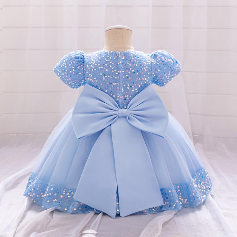 Toddler Princess Dress Size 3T-4T Trendy Sequin Puff Sleeve Flower Girl Dresses Tulle Wedding Party Clothes 6m-5t, Sky Blue, 6 Months
