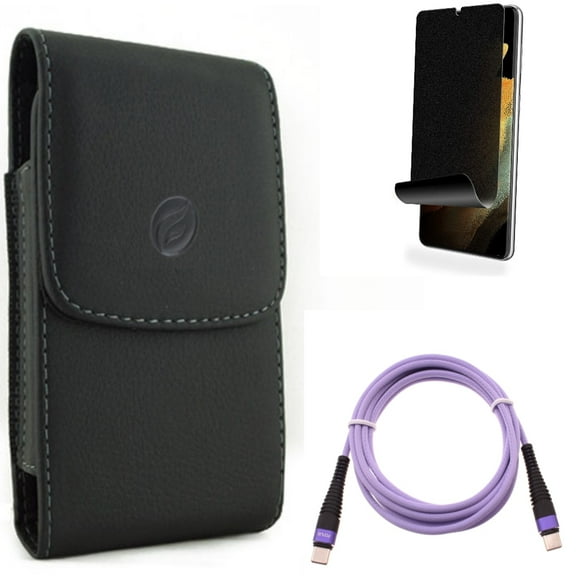 Case Belt Clip & Purple 6ft PD Cable & Privacy Screen Protector for Samsung Galaxy S22 Plus (S22 ) - Combo Leather Holster Cover & Type-C to USB-C Long Charger Cord Power & TPU Film (Fingerprint