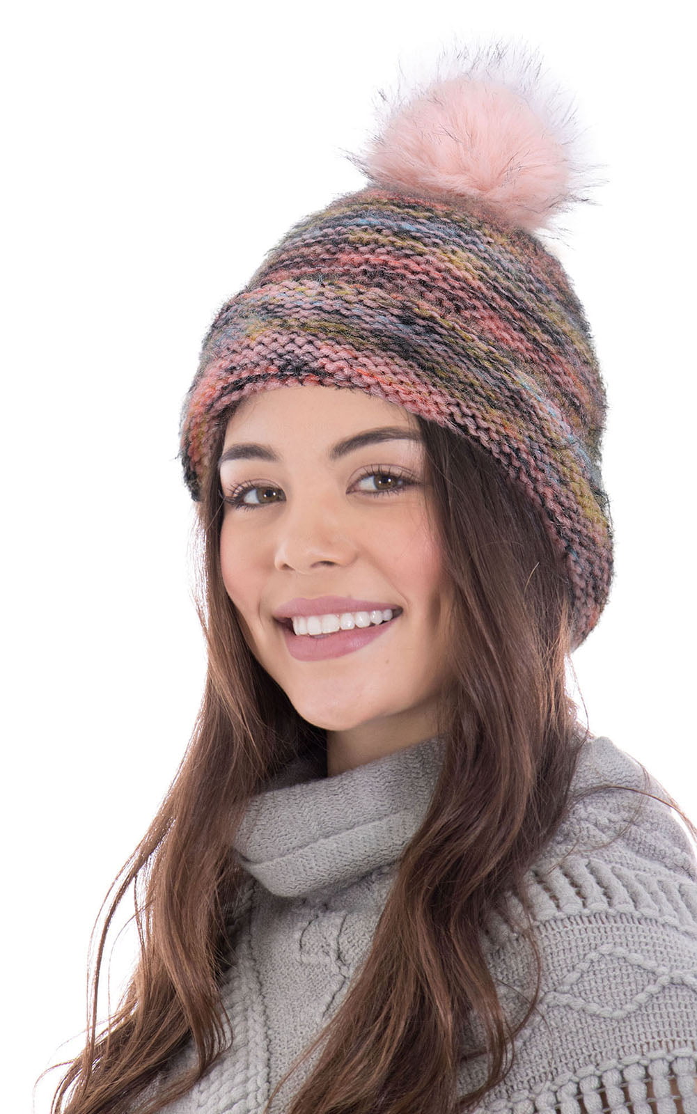 WOMENS LADIES CHUNKY STRIPED CABLE KNITTED BEANIE HAT WITH POM POM PINK PURPLE 