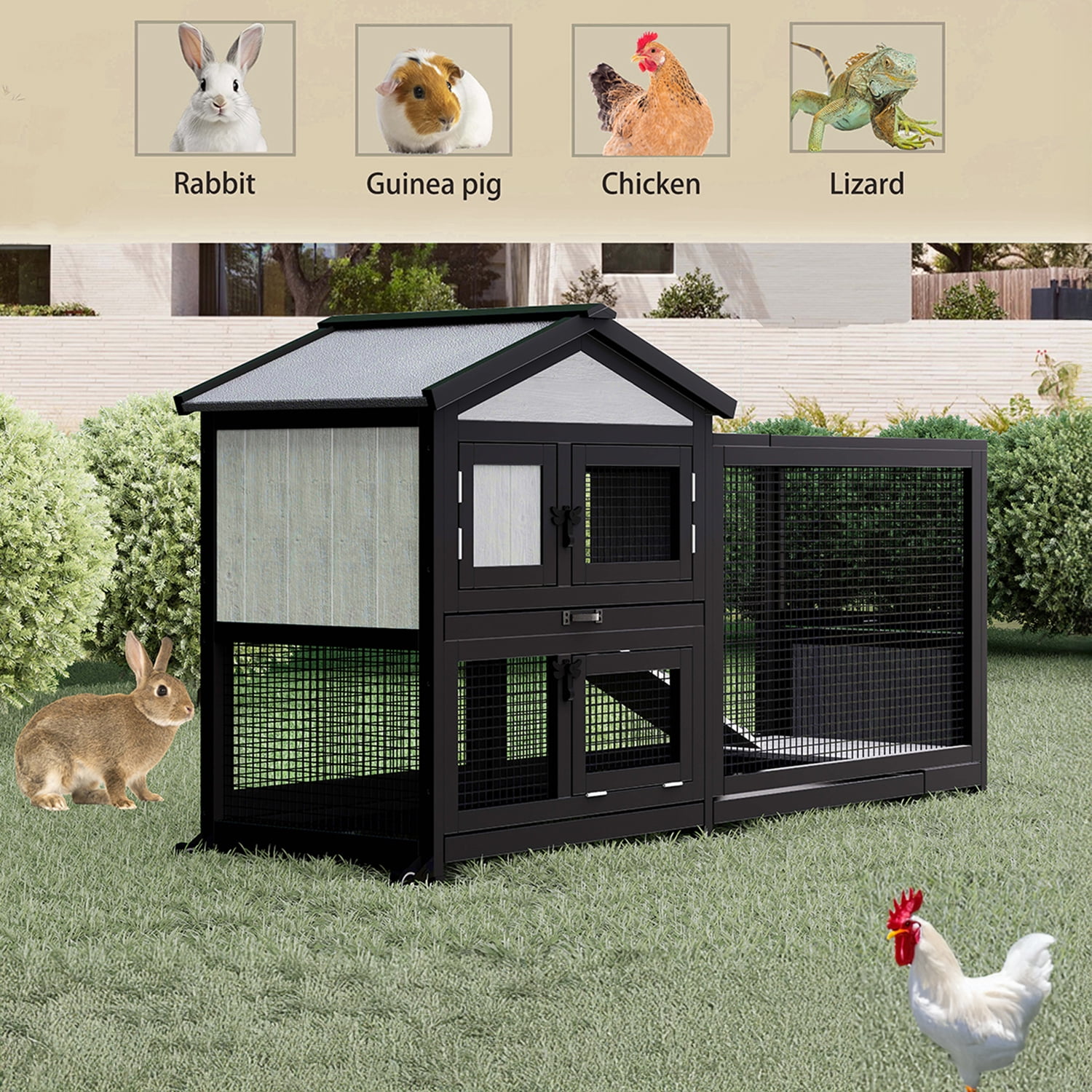 Large Rabbit Hutch Indoor Outdoor Chicken Coop Wooden Bunny Cage with Waterproof Roof