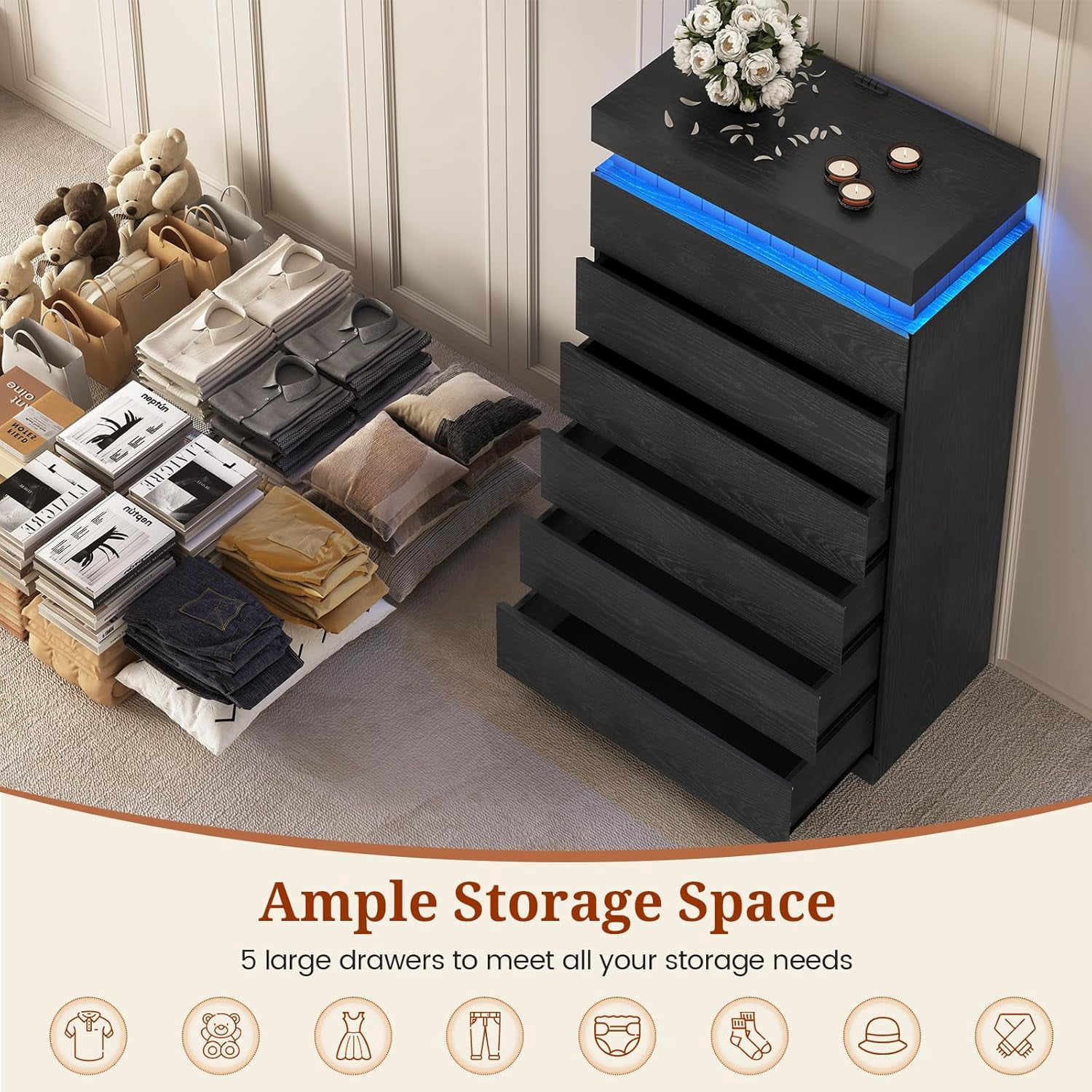 Modern Black 6 Drawer Dresser with Power Outlet & LED Lights, Wood Chest of Drawer Cabinet with Sliding Top, Floating Dressers for Bedroom, Living Room, Entryway, Weiplehoom