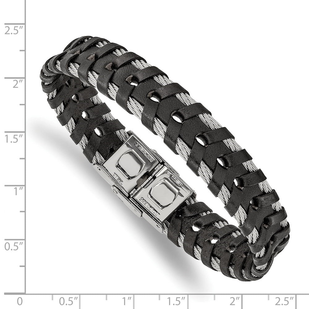 Diamond2Deal Stainless Steel Polished Cable and Black Leather Bracelet for Men 8.25"