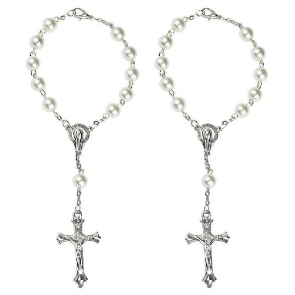 2X White Beads Benedict Car Rosary for Protection Charm for Cross Beaded Auto Re