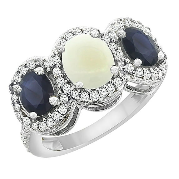 14K White Gold Natural Opal & HQ Blue Sapphire 3-Stone Ring Oval Diamond Accent, size 7