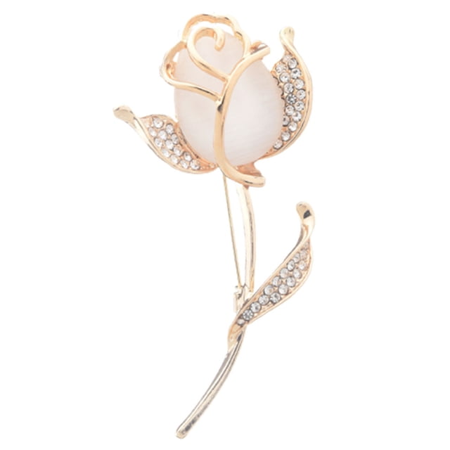 Broche elegante con diseño de rosa y ópalo, broche de aleación de moda para decoración, regalo para mujer (dorado)