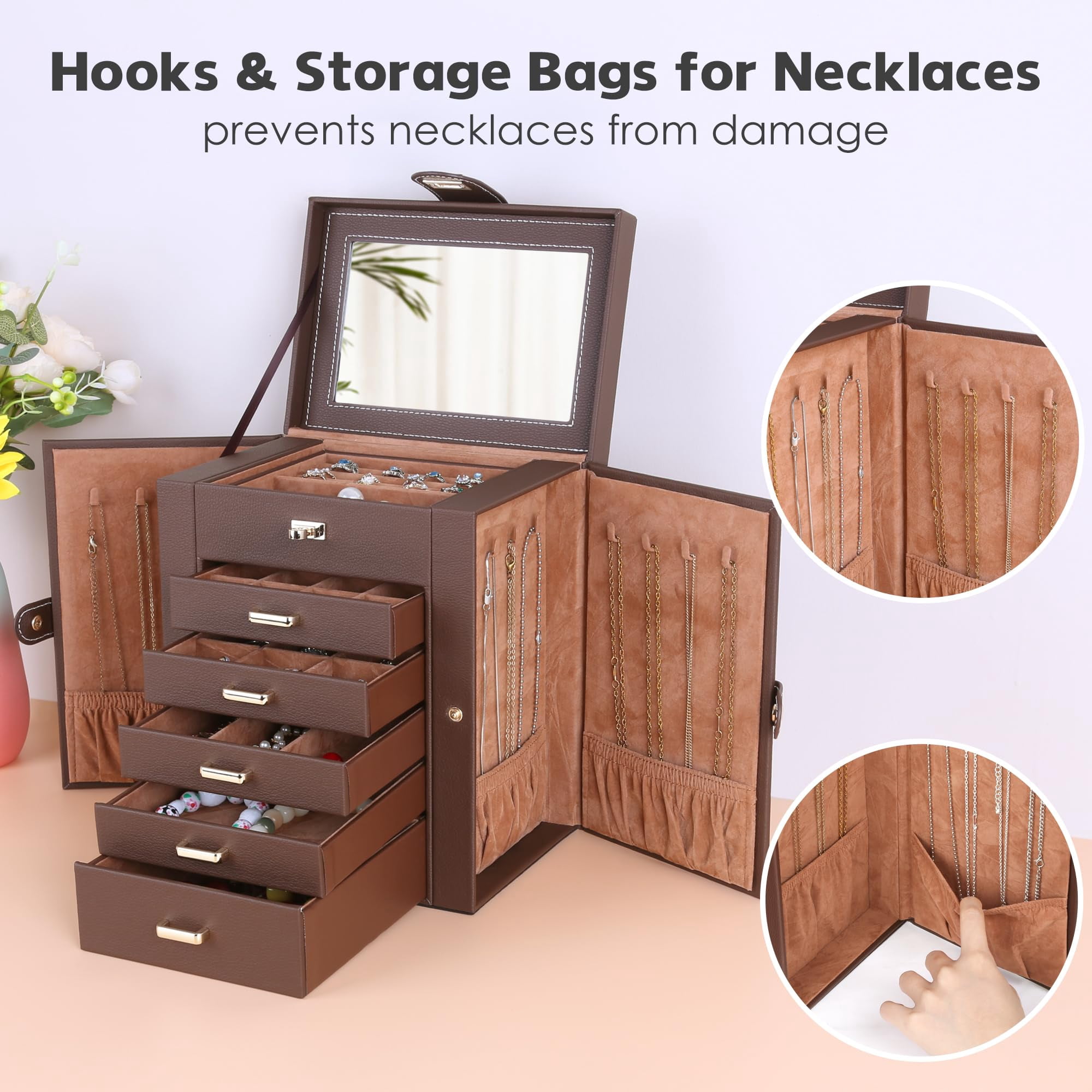 Kendal Jewelry Box, 6-Layer Jewelry Storage Organizer for Necklace Bracelet Rings Watch, 10.2"x8.2"x6" Classic Brown PU Leather 5 Drawers Large Storage Capacity with Mirror