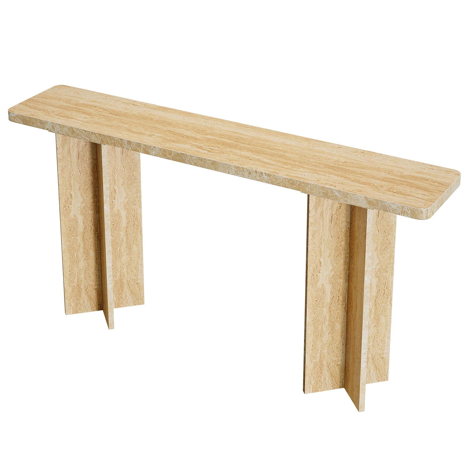 Demi Bonn 62" Modern Wooden End Table, Geometric Base, Sleek Console Table for Living Room, Brown