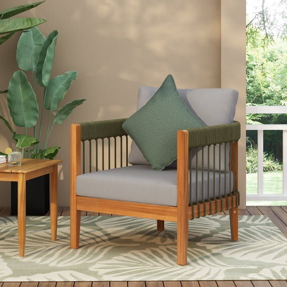 Miekor Furniture Acacia Wood Outdoor Club Chair with Handwoven Rope Accents & Curved Backrest - Water-Resistant Boho Patio Lounge Chair with Removable Cushions for Porch, Garden MK1744