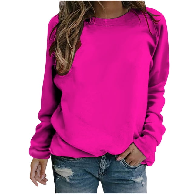 Yuyuzo 2023 Automne Chandail Sportif Uni pour Femme Décontracté Ample à Col Rond Raglan à Manches Longues Chandail Tunique Hauts Rose Vif A2